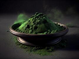 mucchio di verde matcha tè polvere nel un' piatto piatto su il tavolo. perdere ingrediente. ai generato foto