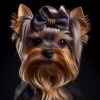 carino yorkshire terrier con un' arco. illustrazione generativo ai foto