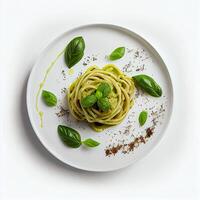 spaghetti con pesto e basilico su un' bianca piatto. generativo ai foto