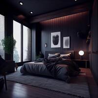 buio blu minimalista moderno interno Camera da letto design. generativo ai foto