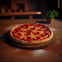 peperoni Pizza su Marrone Di legno. illustrazione generativo ai foto