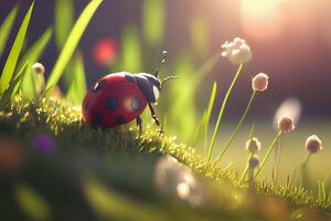 carino verde primavera prato con fiori e coccinella generativo ai foto