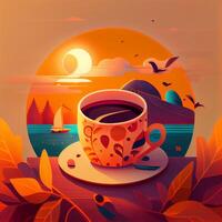 bene mattina con tazza di caffè cartone animato illustrazione generativo ai foto