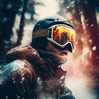 uomo nel sciare occhiali cavalcate un' Snowboard a partire dal un' nevoso montagna. illustrazione generativo ai foto