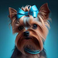 carino yorkshire terrier con un' arco. illustrazione generativo ai foto