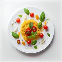 spaghetti con ciliegia pomodori e basilico. generativo ai foto