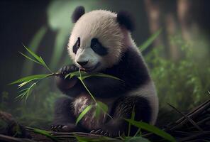 carino bambino panda mangia bambù. illustrazione generativo ai foto