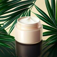 bianca cosmetico crema collezione per cura della pelle su verde palma foglia sfondo illustrazione generativo ai foto
