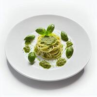 spaghetti con pesto e basilico su un' bianca piatto. generativo ai foto