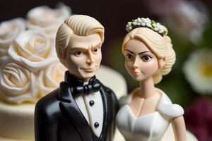 sposa e sposo su superiore di torta o bambole su superiore di torta. nostalgia e ricordi di un' bene contento matrimonio foto