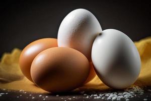 pollo uova, Marrone e bianca uova su un' tavolo. uova pronto per essere Usato con Farina e Grano nel ricetta su il tavolo. tipi di uova Usato nel torta preparazione e vario ricette. foto