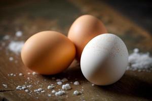 pollo uova, Marrone e bianca uova su un' tavolo. uova pronto per essere Usato con Farina e Grano nel ricetta su il tavolo. tipi di uova Usato nel torta preparazione e vario ricette. foto