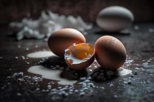 pollo uova, Marrone e bianca uova su un' tavolo. uova pronto per essere Usato con Farina e Grano nel ricetta su il tavolo. tipi di uova Usato nel torta preparazione e vario ricette. foto