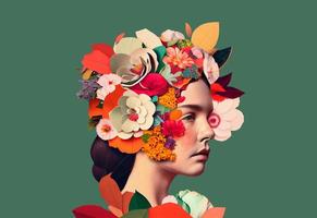 ritratto di un' giovane donna con fiori. surrealismo e minimalismo opera d'arte. arte collage foto
