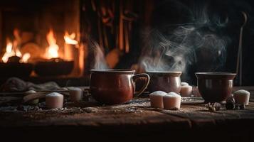 caldo cioccolato con marshmallows nel davanti di un' camino nel inverno foto