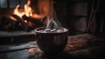 caldo cioccolato con marshmallows nel davanti di un' camino nel inverno foto