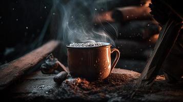 caldo cioccolato con marshmallows nel davanti di un' camino nel inverno foto