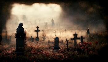 illustrazione cimitero con nero tombe a crepuscolo foto