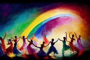 illustrazione persone danza sotto un' arcobaleno foto