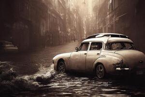 illustrazione di un' Vintage ▾ auto nel un' città nel nero di seppia colori foto