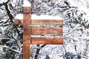 di legno cartello nel il foresta, coperto con neve foto