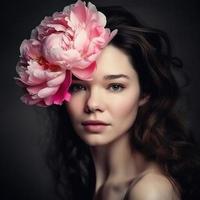 bellissimo donna con peonia fiori nel sua capelli foto
