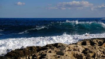 blu mare onda e bianca schiuma e spruzzata. pietra spiaggia su isola di Malta, no sabbioso spiaggia. estate vacanza confine telaio concetto. tropicale isola vacanza sfondo. turista viaggio bandiera design modello. foto