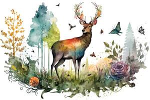 ai generato acquerello foresta composizione con cervo, farfalla fiori e alberi foto