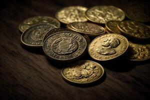 ai generato oro monete su un' di legno tavolo. simbolo di ricchezza e i soldi. d'oro sfondo. foto
