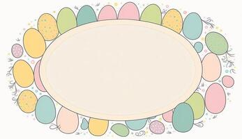 contento Pasqua saluto carta nel scarabocchio piatto stile con uovo e minimalista piatto colore fiori. vuoto spazio per il tuo saluto testo. generativo ai. foto