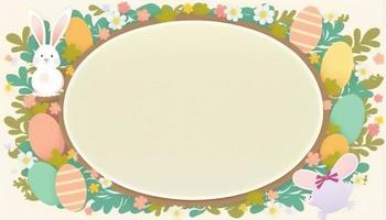 contento Pasqua saluto carta nel scarabocchio piatto stile con uovo e minimalista piatto colore fiori. vuoto spazio per il tuo saluto testo. foto