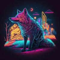 stilizzato neon coyote su il sobborgi di il città. generativo ai foto