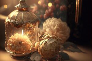 dolce misterioso Fata racconto sfondo con fiori e ardente candele. generativo ai foto