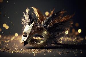 realistico festivo sfondo con ornato masquerade carnevale maschera, piume, paillettes e coriandoli. generativo ai foto