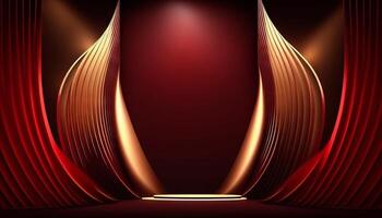 rosso marrone d'oro tenda palcoscenico premio sfondo. trofeo su rosso tappeto lusso sfondo. generativo ai foto