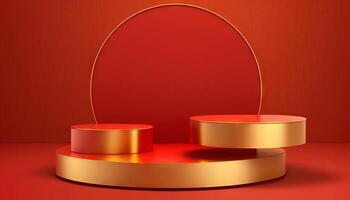 lusso oro podio 3d palcoscenico su rosso sfondo con d'oro il giro presentazione Prodotto Schermo In piedi. generativo ai foto