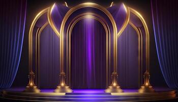 blu viola d'oro tenda palcoscenico premio sfondo. trofeo su rosso tappeto lusso sfondo. generativo ai foto