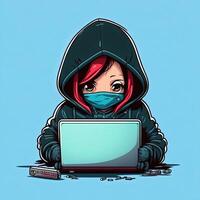 carino ragazza pirata con il computer portatile. avatar nel cartone animato stile. generativo ai foto
