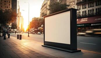 vuoto tabellone modello per pubblicità nel il città, tramonto Visualizza foto