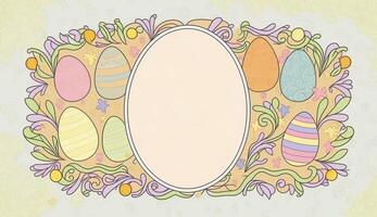 contento Pasqua saluto carta nel scarabocchio piatto stile con uovo e minimalista piatto colore fiori. vuoto spazio per il tuo saluto testo. generativo ai. foto