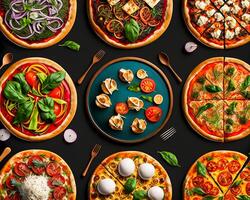 superiore Visualizza italiano cibo piatti e Pizza su buio sfondo, generativo ai foto