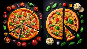 superiore Visualizza italiano cibo piatti e Pizza su buio sfondo, generativo ai foto