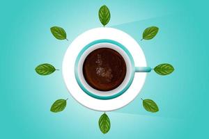 turchese tazza di caffè, su un' pastello turchese sfondo, decorato con verde le foglie foto