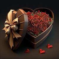 a forma di cuore regalo scatola, rosso Rose, arco. San Valentino giorno. generativo ai foto