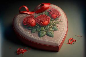 a forma di cuore regalo scatola, rosso Rose, arco. San Valentino giorno. generativo ai foto