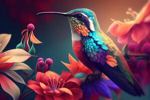 colorato colibrì su superiore di bellissimo fiori. generativo ai. digitale arte illustrazione foto