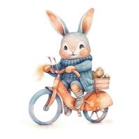 bicicletta, coniglietto, Pasqua uova. acquerello clipart, su un isolato sfondo, nel cartone animato stile. generativo ai foto