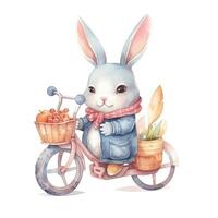 bicicletta, coniglietto, Pasqua uova. acquerello clipart, su un isolato sfondo, nel cartone animato stile. generativo ai foto