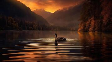 cigni nel montagna lago acqua. bellissimo montagna lago paesaggio. lago nel montagne. generativo ai. foto