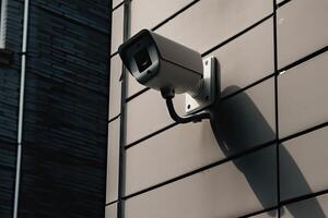 sicurezza, cctv macchine fotografiche nel il ufficio costruzione, e casa sicurezza sistema concetto con sfocatura sfondo. all'aperto cctv sicurezza telecamera installato su il edificio parete nel il città. generativo ai foto